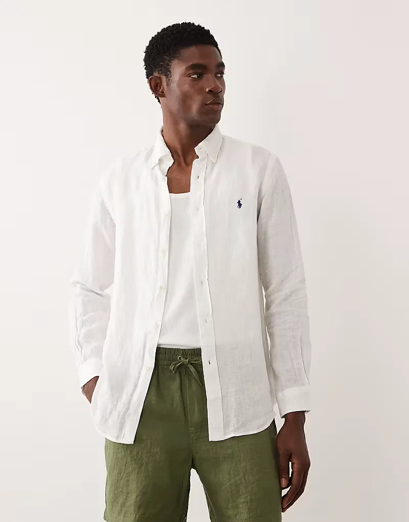 Рубашка льняная с длинным рукавом и логотипом icon Polo Ralph Lauren, белый