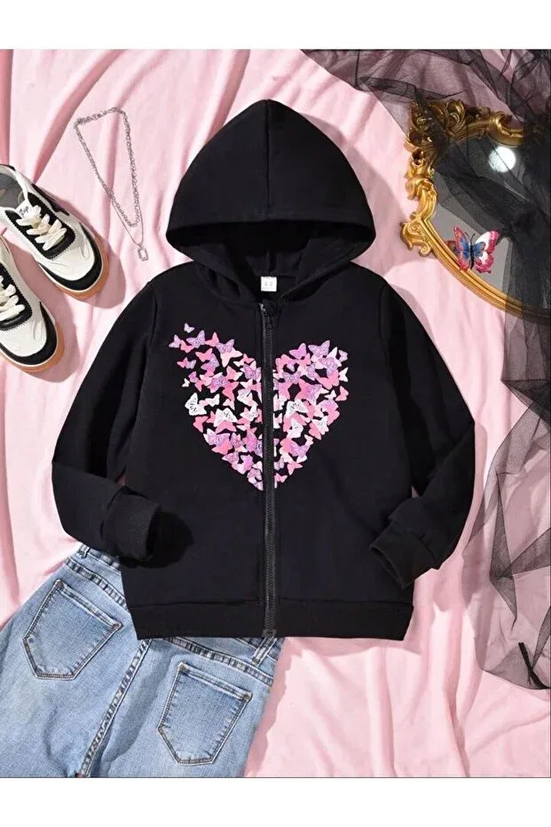 Детский кардиган на молнии с принтом Heart butterflies cotton kids zip cardigan Modaberry, Black