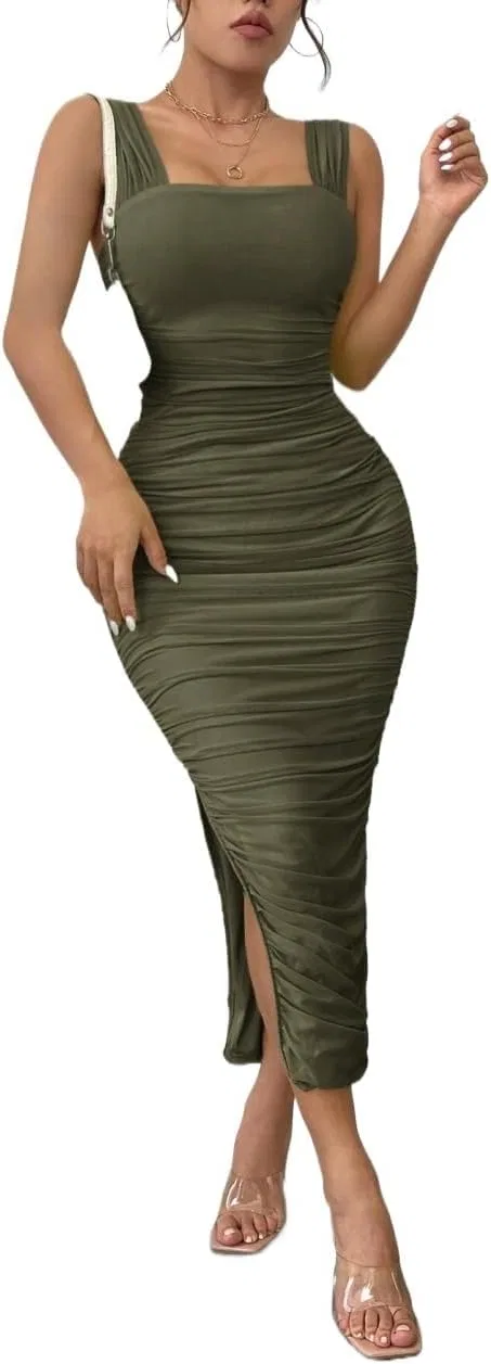 Женское длинное облегающее платье на бретелях Army Green