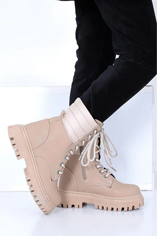 Детские ботинки для девочек на шнуровке Parachute detailed zippered beige girl's boots lace-up Raynok, Beige