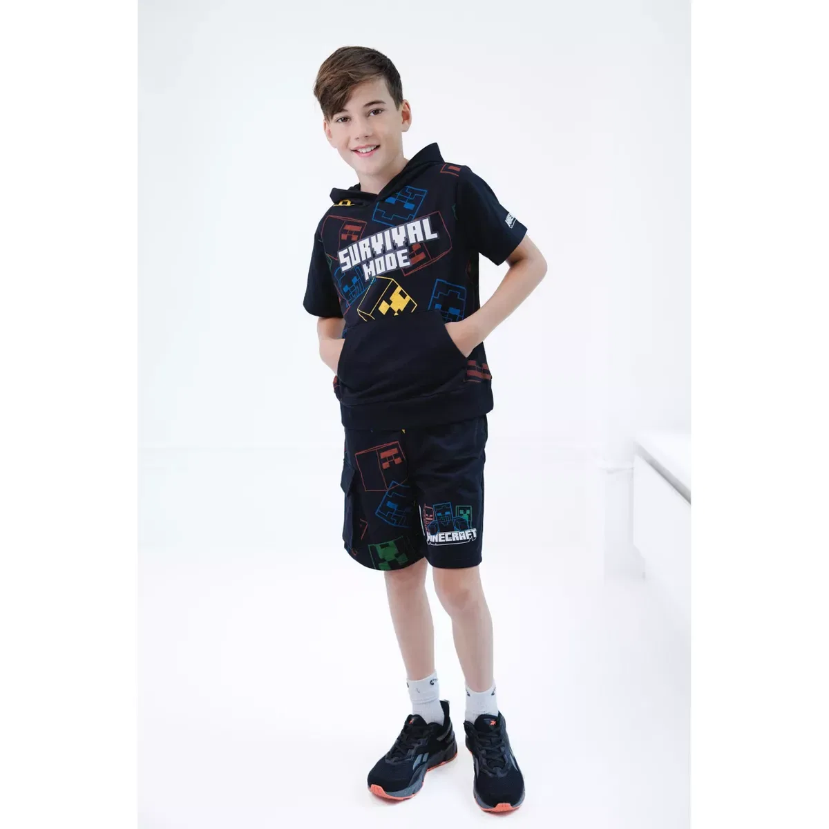 Детский комплект худи и шорт для мальчиков с принтом Minecraft French Terry Pullover Hoodie and Shorts Outfit Set, Black — фото 2