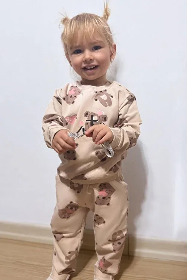 Детский спортивный костюм для девочек с принтом Happy Teddy Bear Breeze, Beige