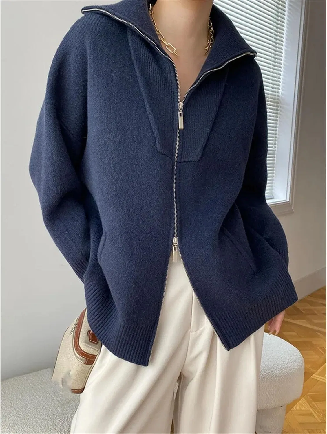 Женский кардиган на молнии с воротником-стойкой, Wool Knitted Double Zipper Sweater — фото 4