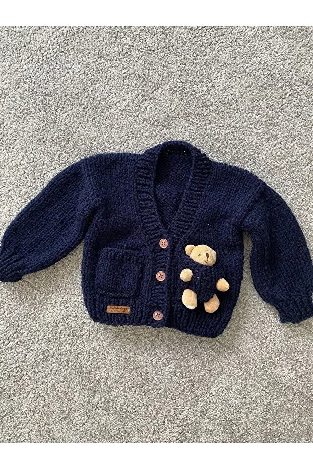 Детский кардиган для мальчиков с принтом Hand Knitted Teddy Bear Detailed Nevalin, Navy Blue