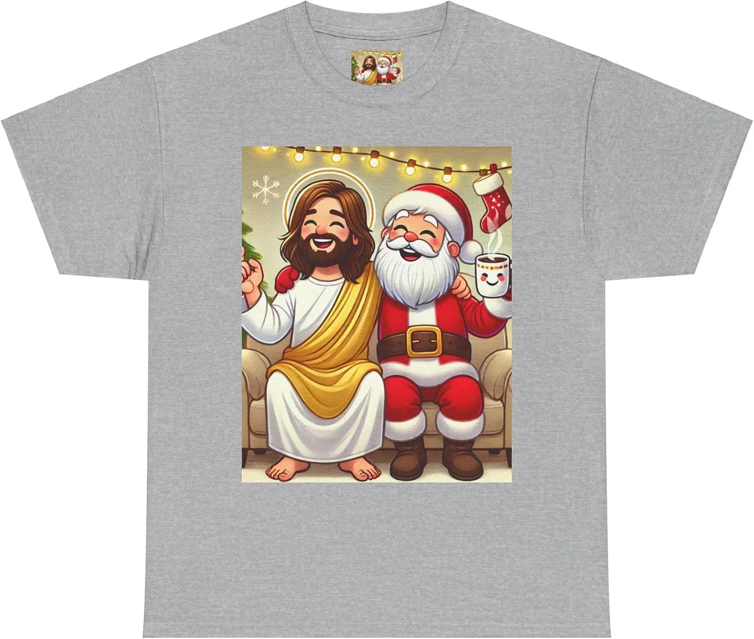 Женская футболка с принтом Funny Santa Jesus Hanging Out Cartoon Tee, серый меланж