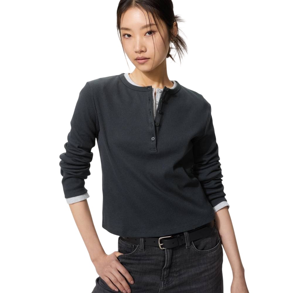 Лонгслив Uniqlo Ribbed Henley Neck T-shirt, 09 черный