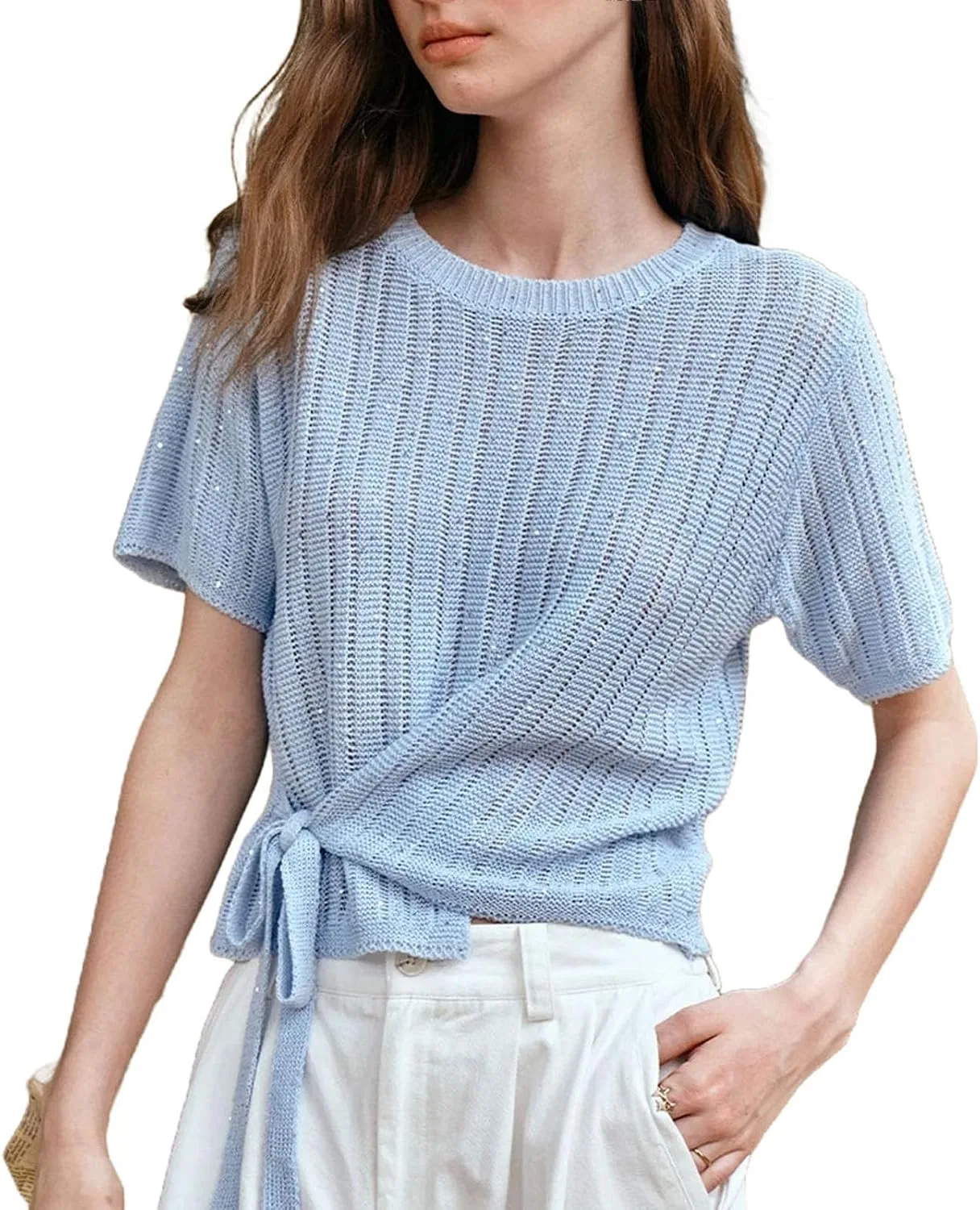Женский пуловер с коротким рукавом, с пайетками, Blue Pullover