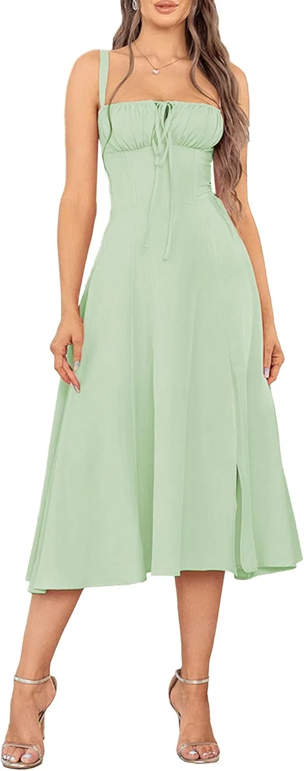 Женское летнее сарафанное платье с разрезом и кружевной шнуровкой, Light Green