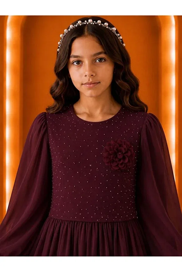 Детское платье для девочек с длинным рукавом Modest Clothing Esmagül Kids, Burgundy — фото 3