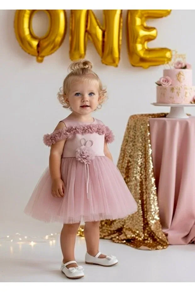 Детское платье для девочек с открытыми плечами Rose Detailed Miaras Baby, Rose Dried