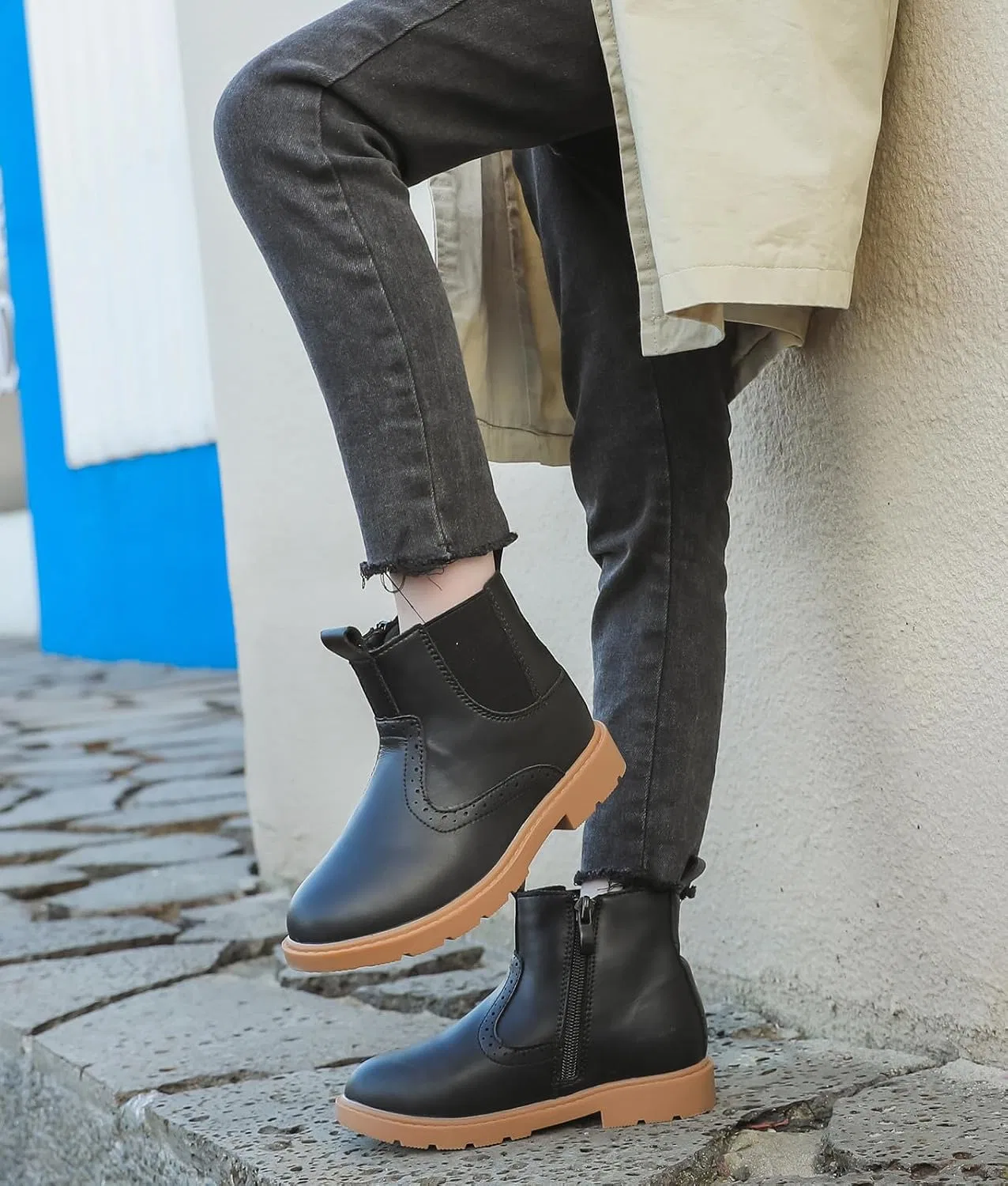 Детские ботинки челси водонепроницаемые с боковой молнией kkdom, Leather Black — фото 3