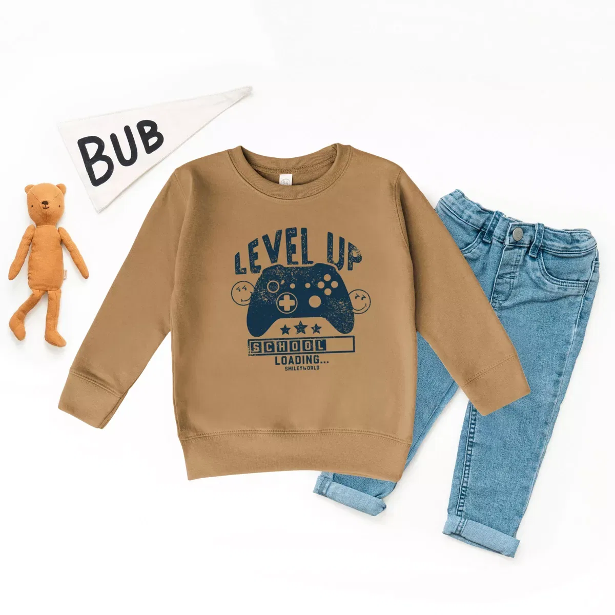 Детский свитшот с принтом SmileyWorld Level Up School The Juniper Shop, Camel — фото 3