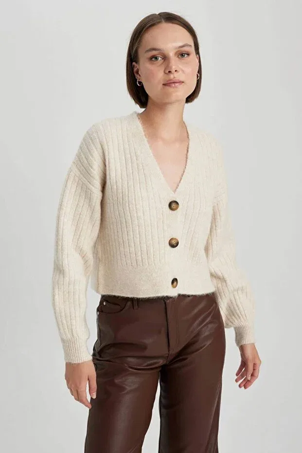 Женский кардиган с V-образным вырезом Defacto, Beige Melange