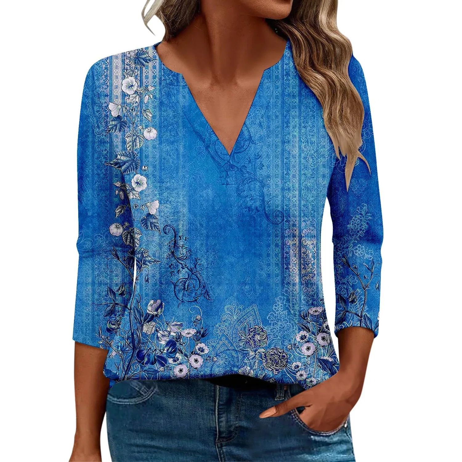 Женская блуза с принтом Women Blouses 3/4 Sleeve V Neck Casual Elegant Summer Boho Floral Print Blouses, 40#azzurro Cielo