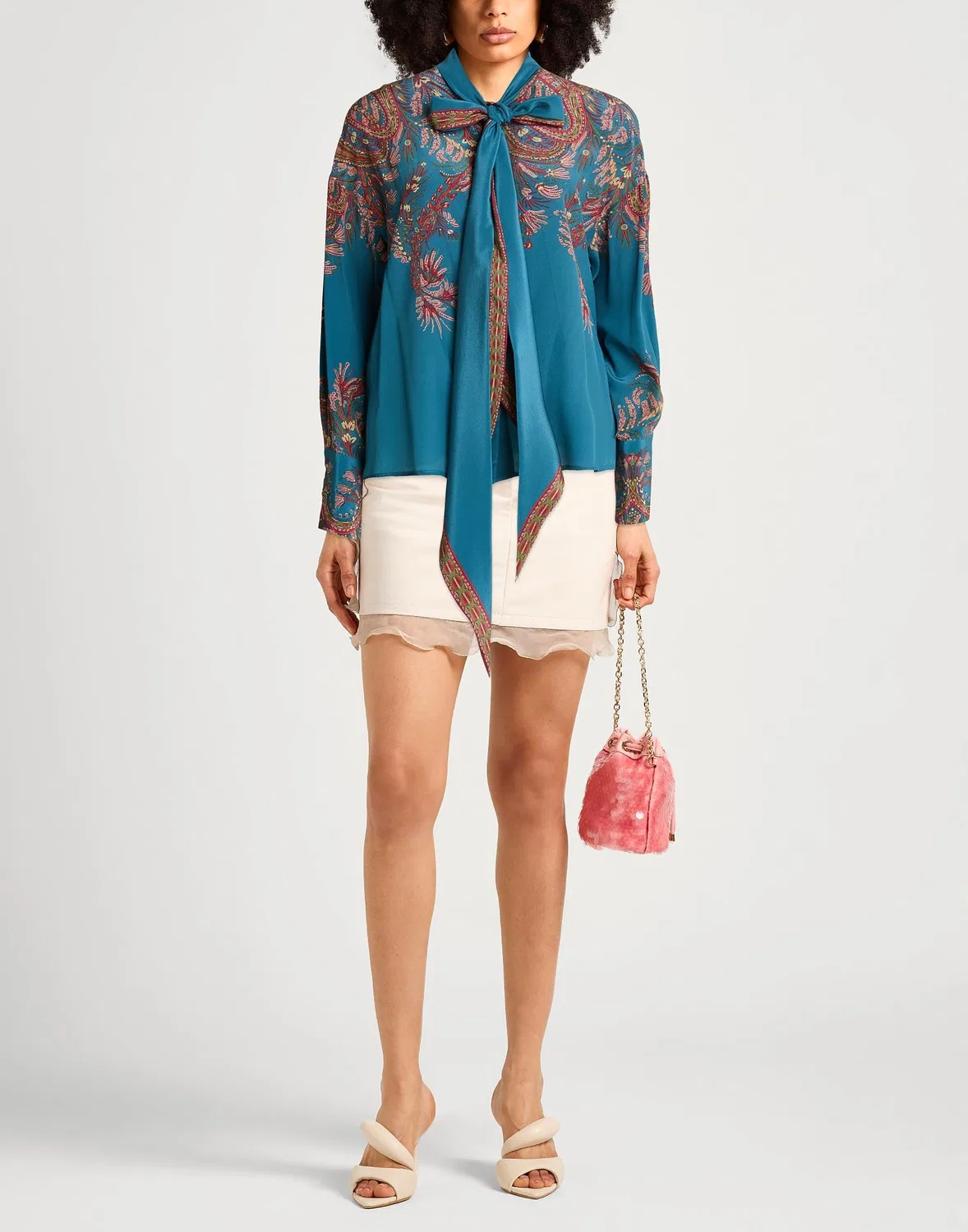 Женская блуза с бантом из шелка с принтом Etro, Deep Teal — фото 2