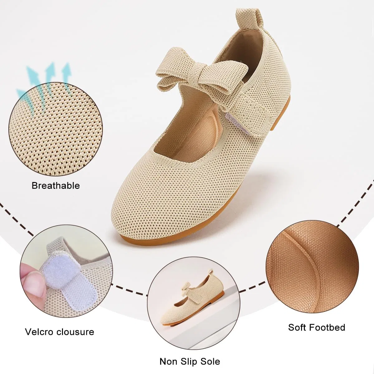 Детские балетки для девочек с бантом Fv8suxie, Beige — фото 4