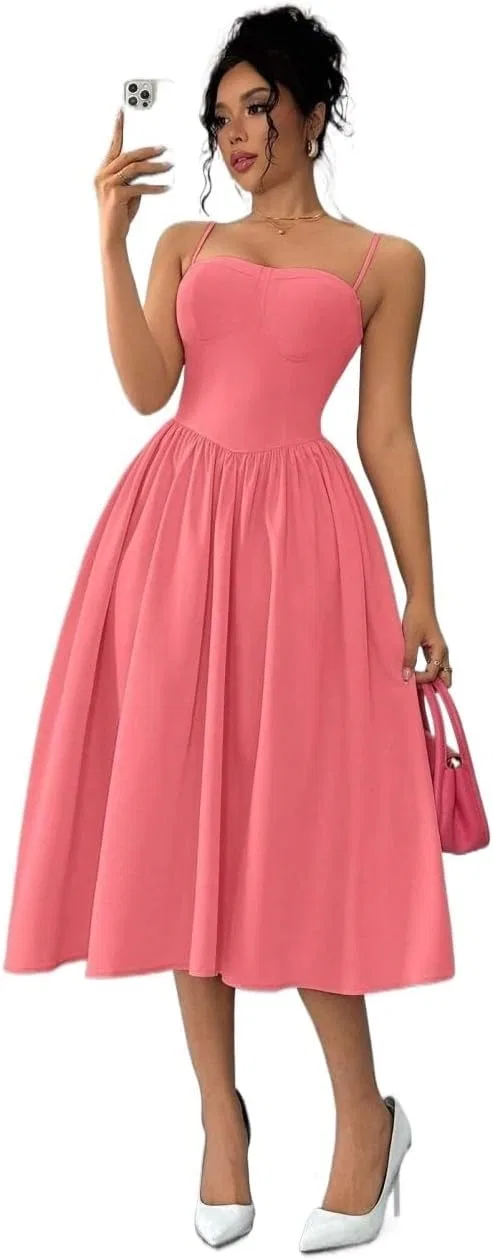 Женское платье миди с завышенной талией на бретелях, Watermelon Pink — фото 4