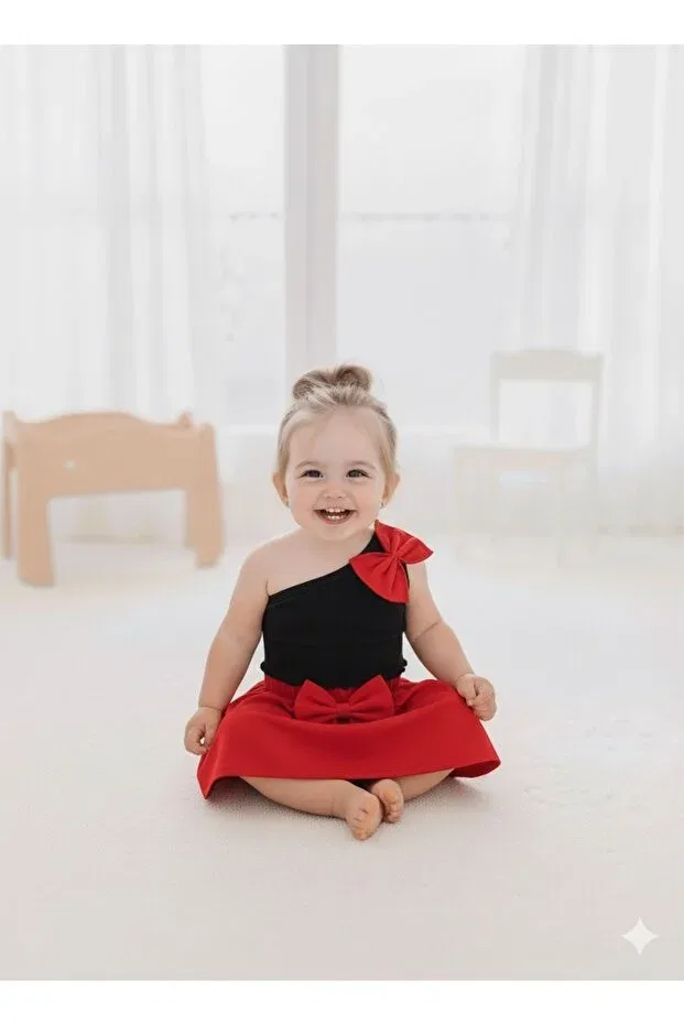 Детский для девочек комплект из топа с одним рукавом и юбки-кроп Young Bahnur, Black — фото 2