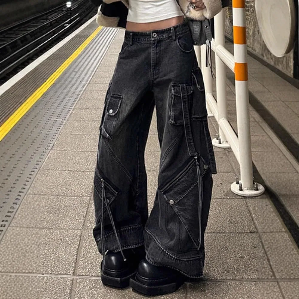 Женские джинсы с принтом Vintage Y2k Workwear Style, тёмно-серый — фото 2