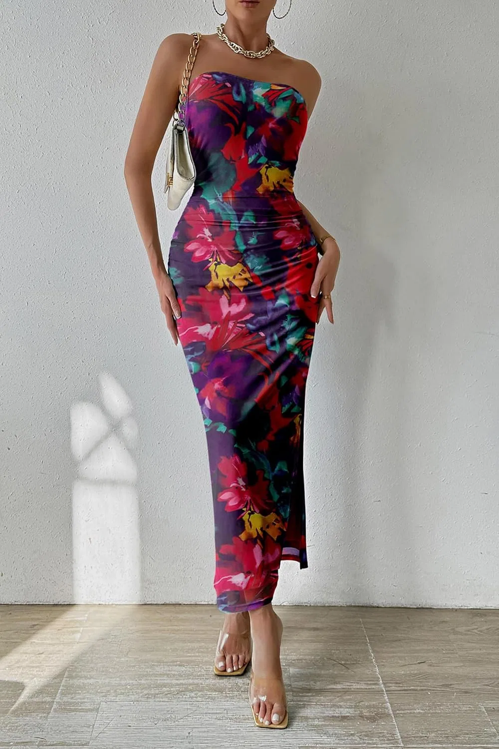 Женское летнее макси-платье bodycon с принтом Strapless Tube Top, Navy Red Big Floral — фото 4