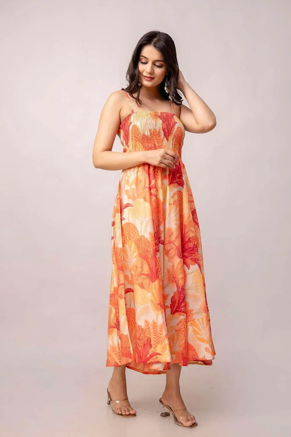 Женское платье-макси с цветочным принтом Anarkali, Orange Leaf — фото 3