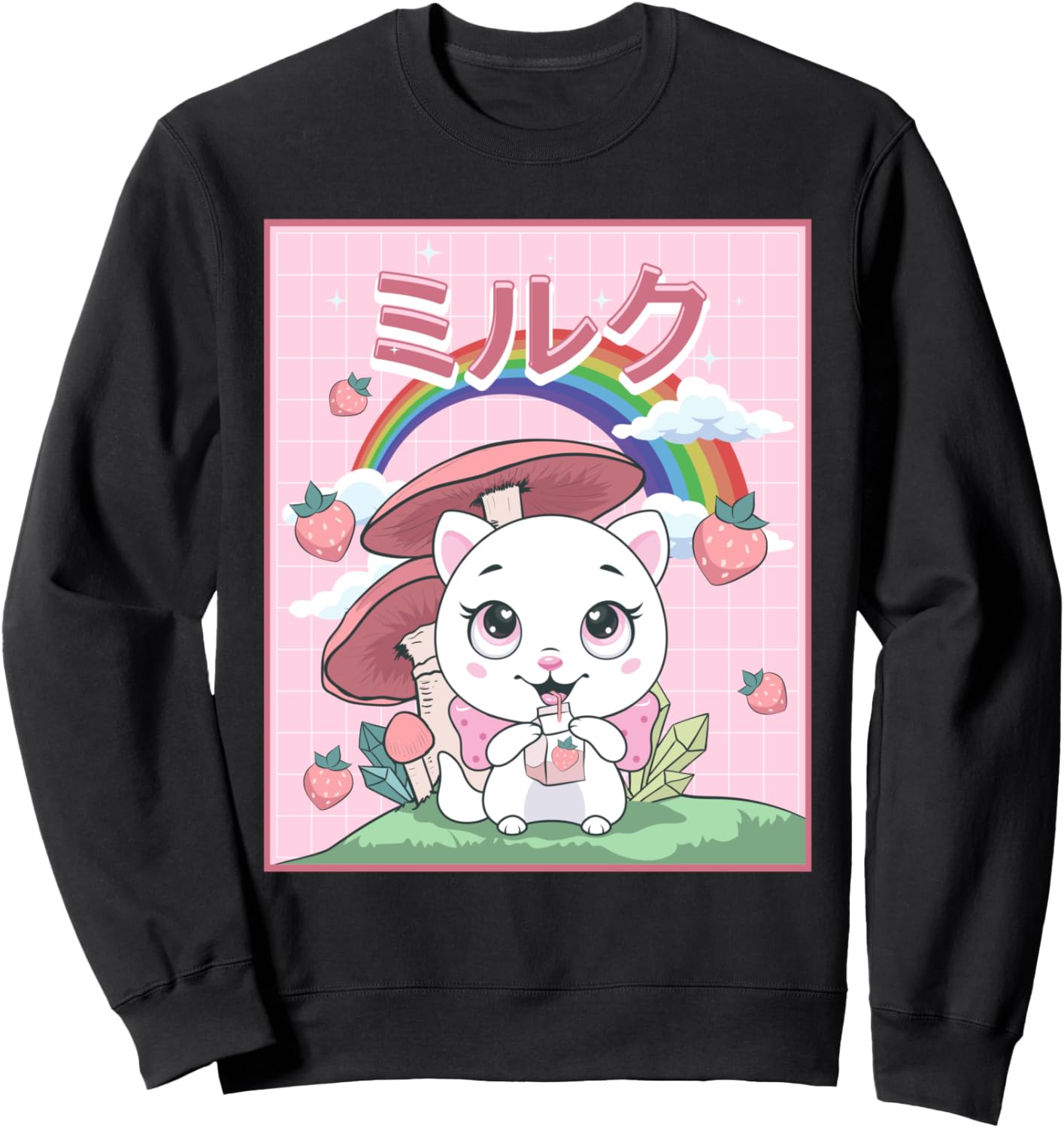 

Стиль коттеджкор, милый кот, толстовка с клубничным молоком Cottagecore Aesthetic Clothing Alt Indie Goblincore, черный