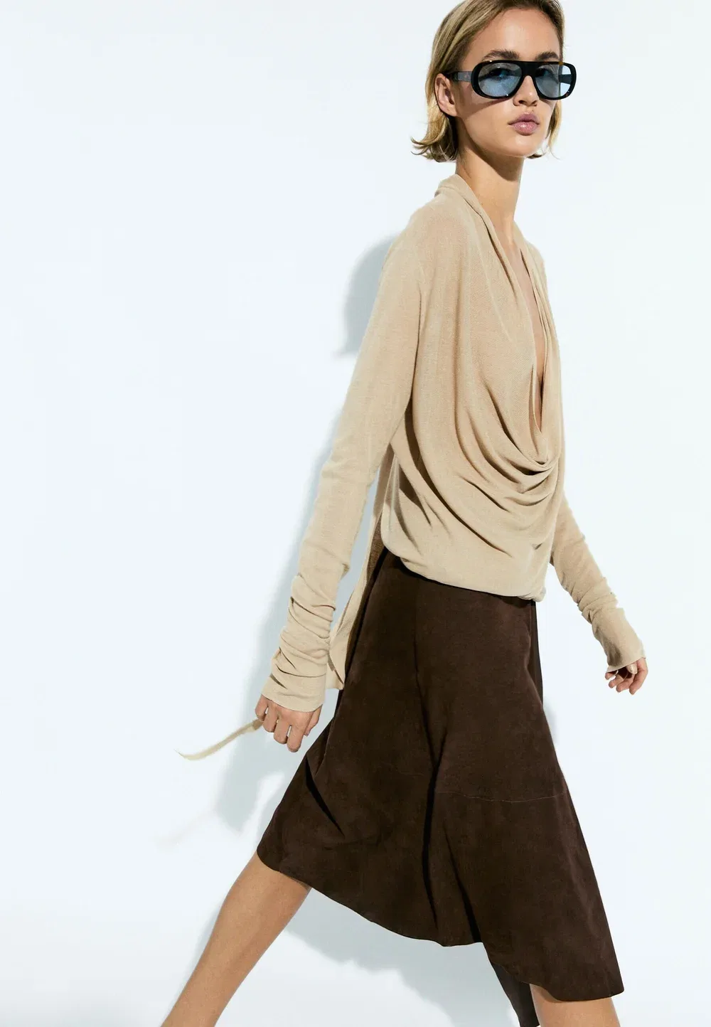 Вязаный кардиган с драпировкой и эффектом запаха - кардиган Massimo Dutti, Sand — фото 4