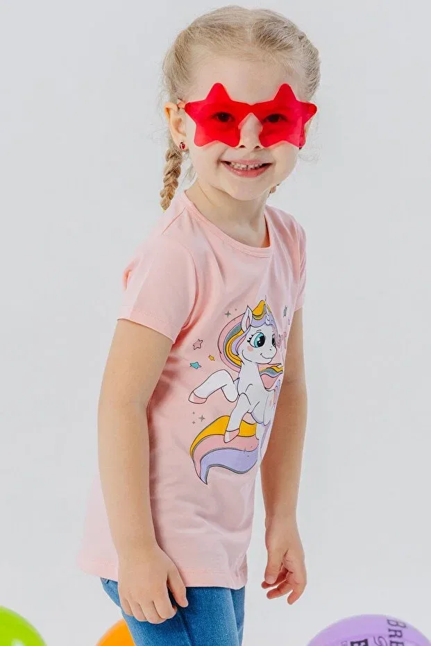Детская футболка для девочек с принтом Magic Unicorn Printed Breeze, Salmon — фото 3