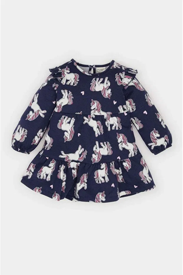 Детское платье-свитшот для девочек с принтом Unicorn Printed Long Sleeve Sweat Dress, Defacto, Navy Blue-Nv241
