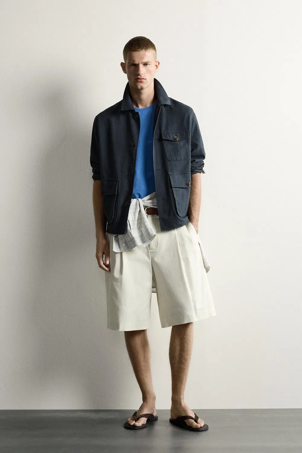 Рубашка свободного кроя с карманами. ZARA, Grey/Blue