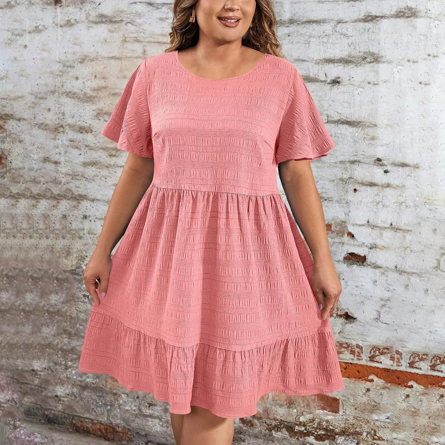 Женское повседневное мини-платье с V-образным вырезом и рюшами, Pink — фото 2
