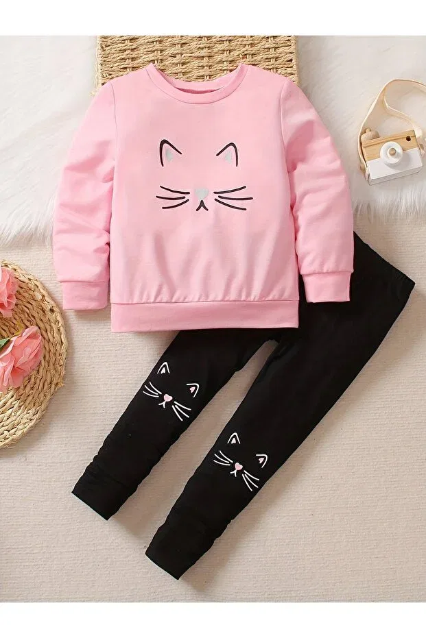 Детский комплект спортивного костюма с принтом Cat Printed Crew Neck Sweatshirt Tracksuit Set Let'S Wear, Pink-Black