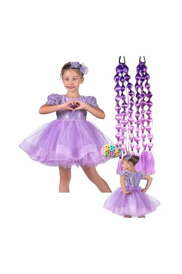 Детское платье для девочек с пайетками Kuromi purple sequined fluffy dress wedding dress costume + 2pcs purple bubble hair set 3B Kids, Purple