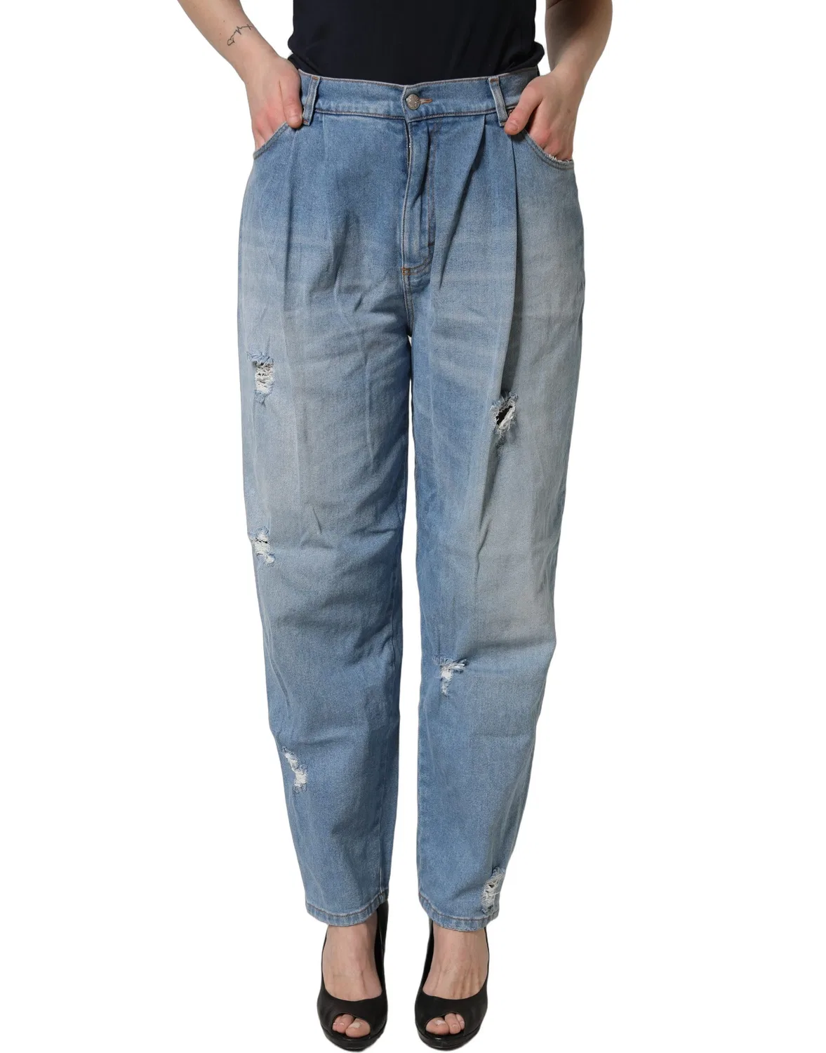 Женские джинсы с потертостями Blue Distressed Pleated Cotton Denim Dolce & Gabbana, Blue — фото 2