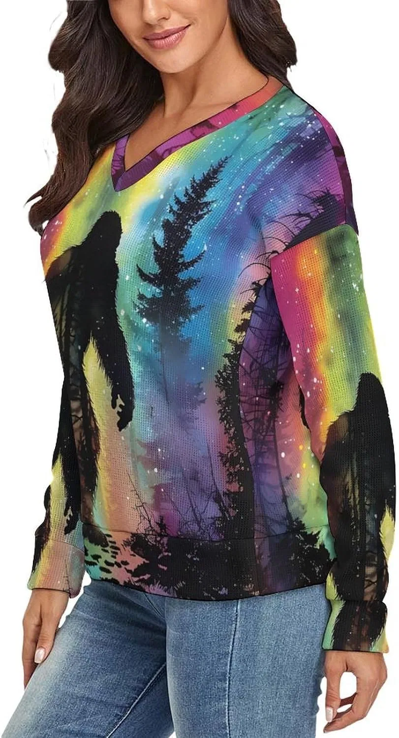 Женский свитер с V-образным вырезом с принтом, Bigfoot Colorful Psychedelic Forests Mist — фото 2