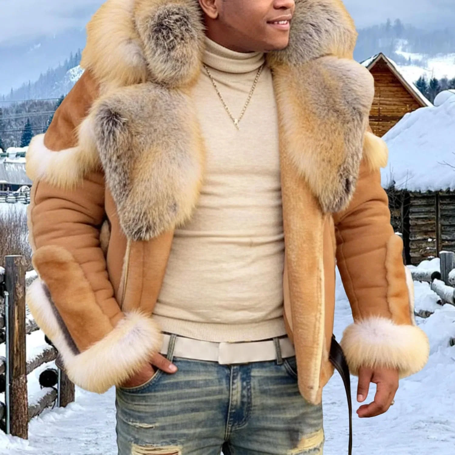 Мужское пальто из кожи с искусственным мехом, модель Sherpa, хаки — фото 2