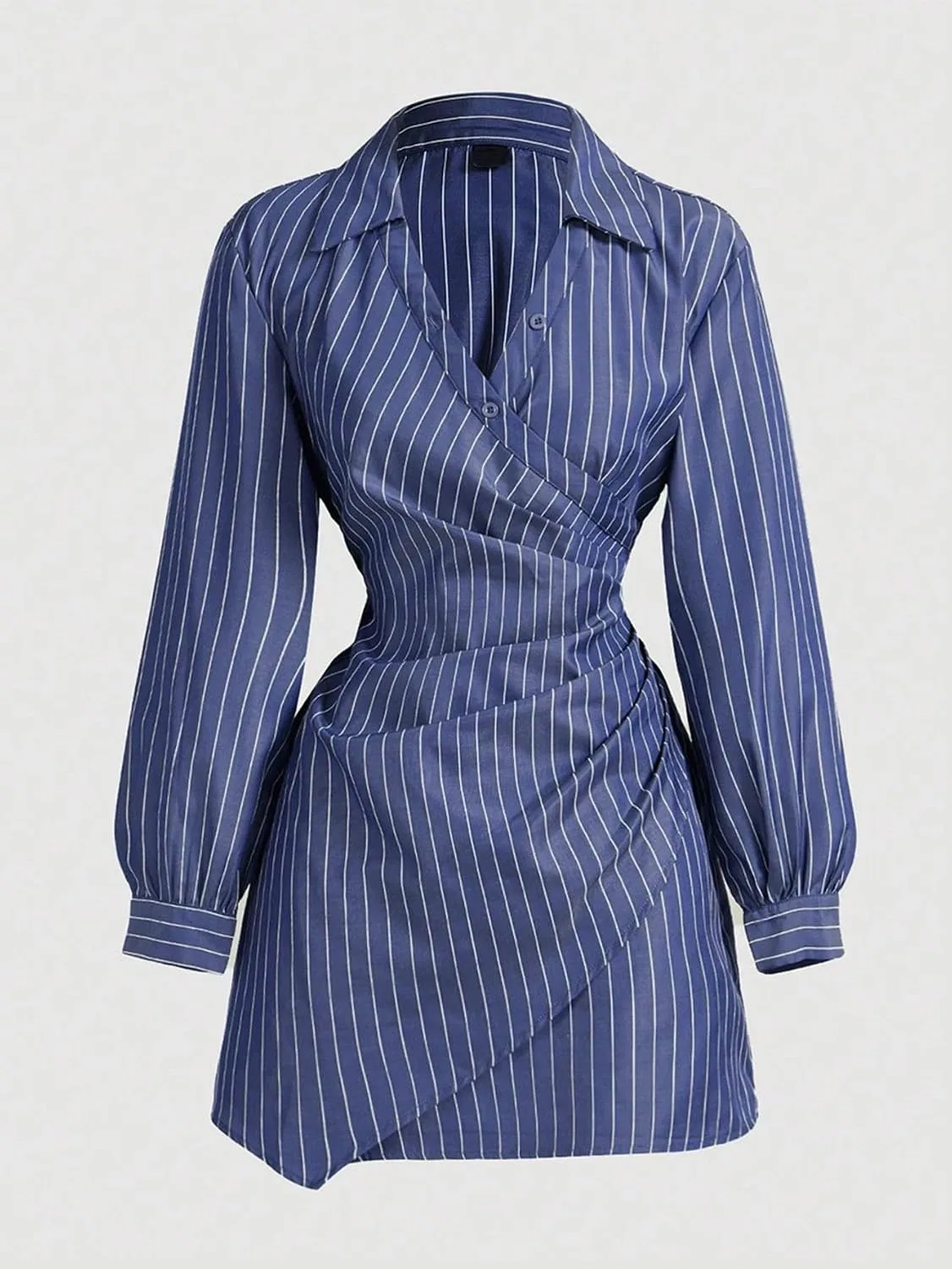 Женское мини-платье-рубашка с длинным рукавом в полоску, Navy Blue — фото 3