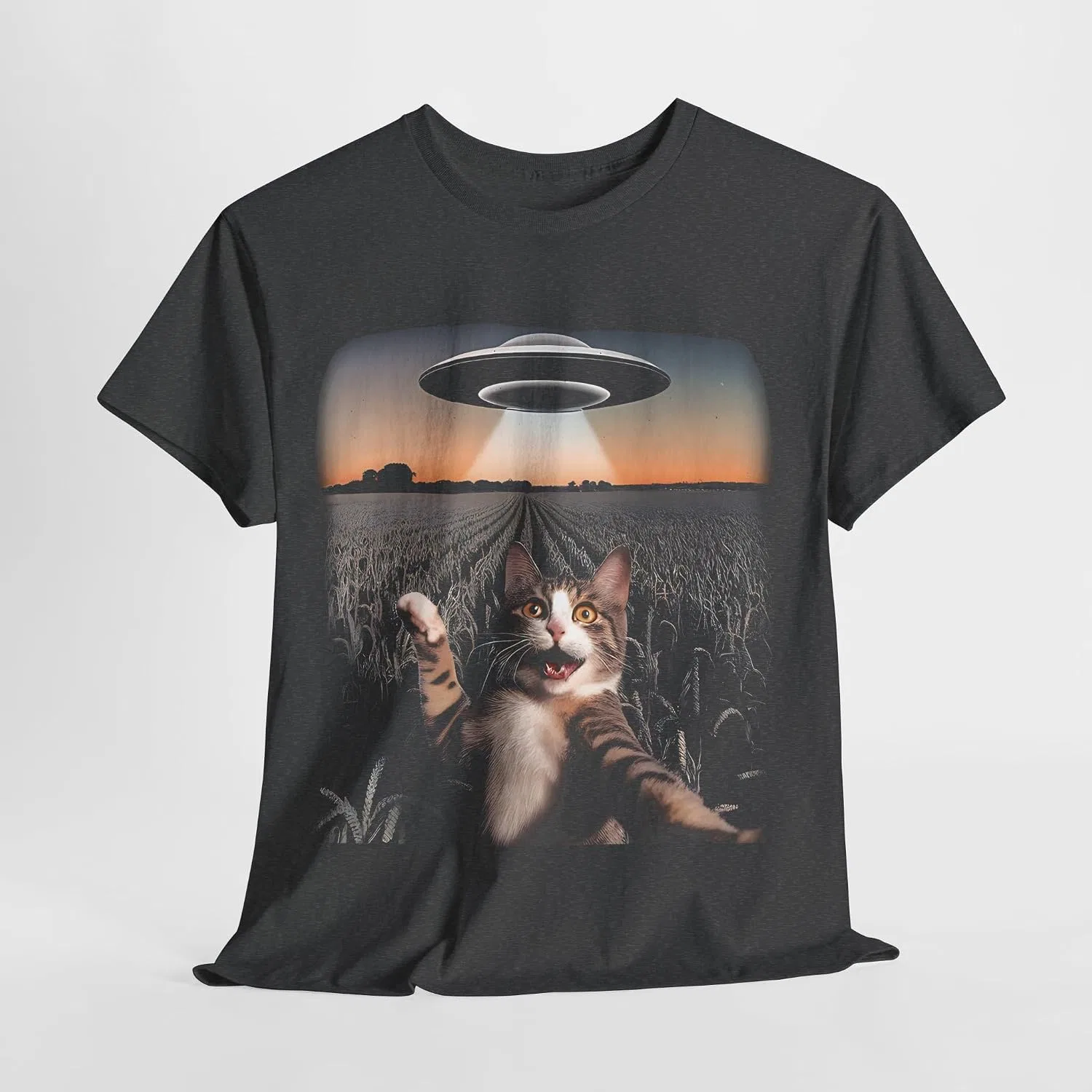 Женская футболка с принтом Cat Selfie with Alien UFO, тёмно-серый меланж — фото 2