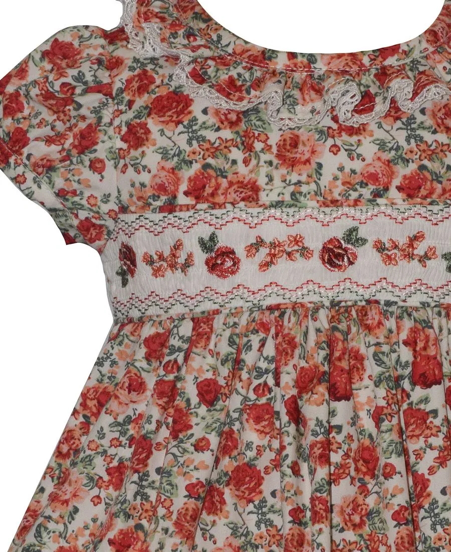 Платье для девочек с принтом Smocked Roses Bonnie Baby, Ivory Red — фото 3