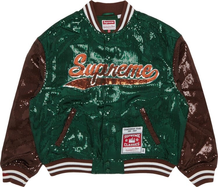 

Куртка Supreme x Mitchell & Ness Sequin Varsity Jacket 'Green', зеленый