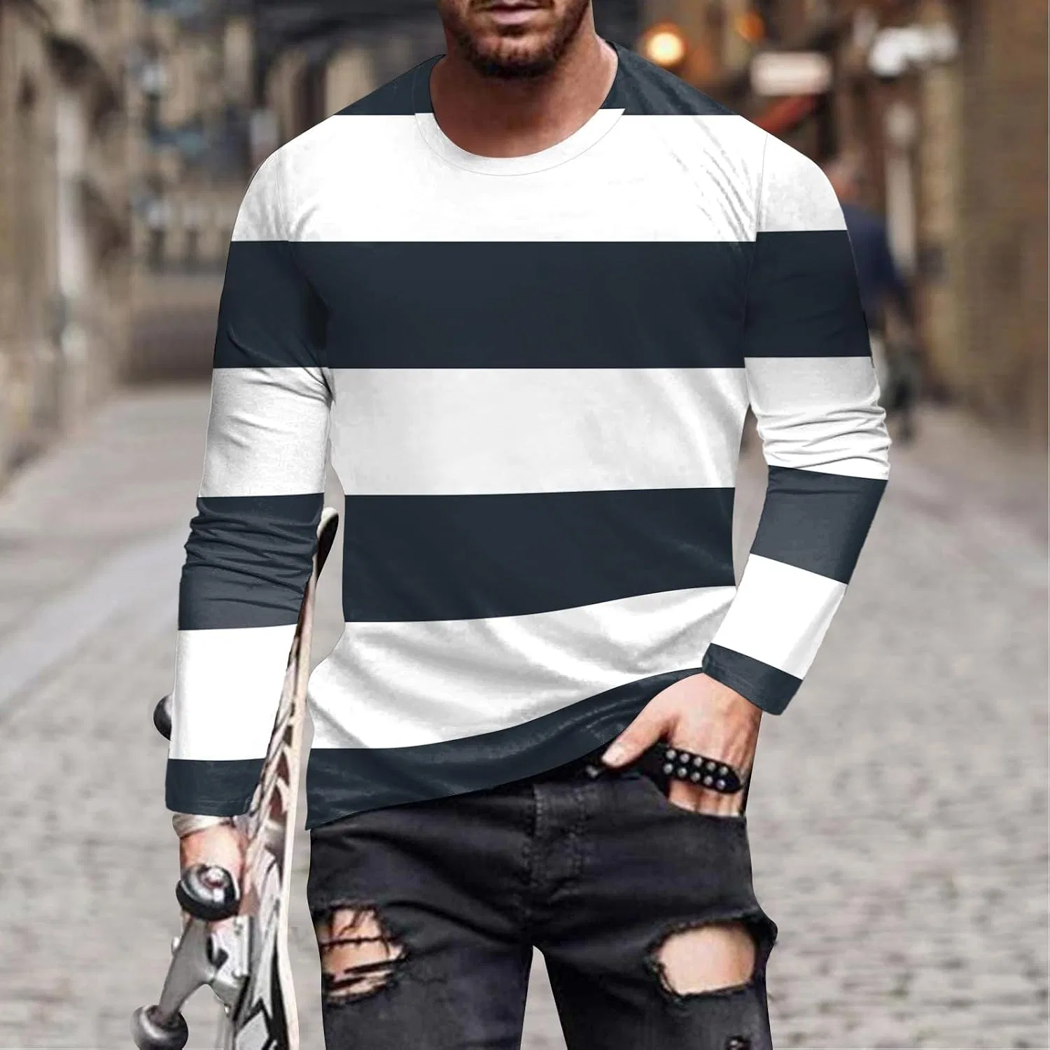 Мужская свободная футболка с длинным рукавом Orange Striped, Black — фото 2