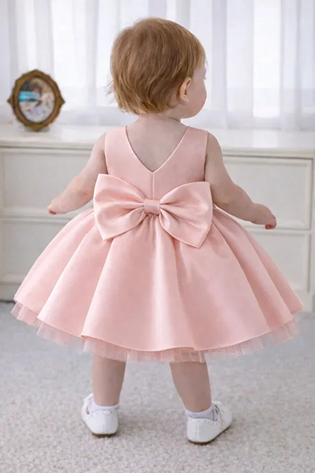 Детское платье для девочек хлопковое с бантом Suneh, Powder Pink — фото 2