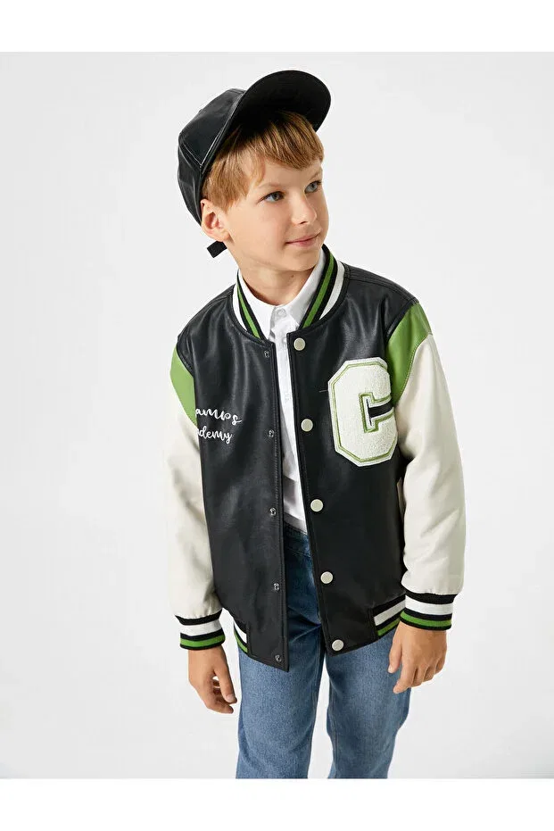 Детское пальто для девочек с принтом College jacket with leather look, applique and pocket details, snap button closure Koton, Black — фото 2