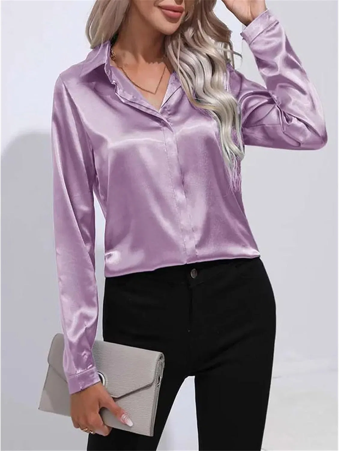 Женская блузка из атласа с длинным рукавом, свободного кроя, Button-Down Shirts — фото 3