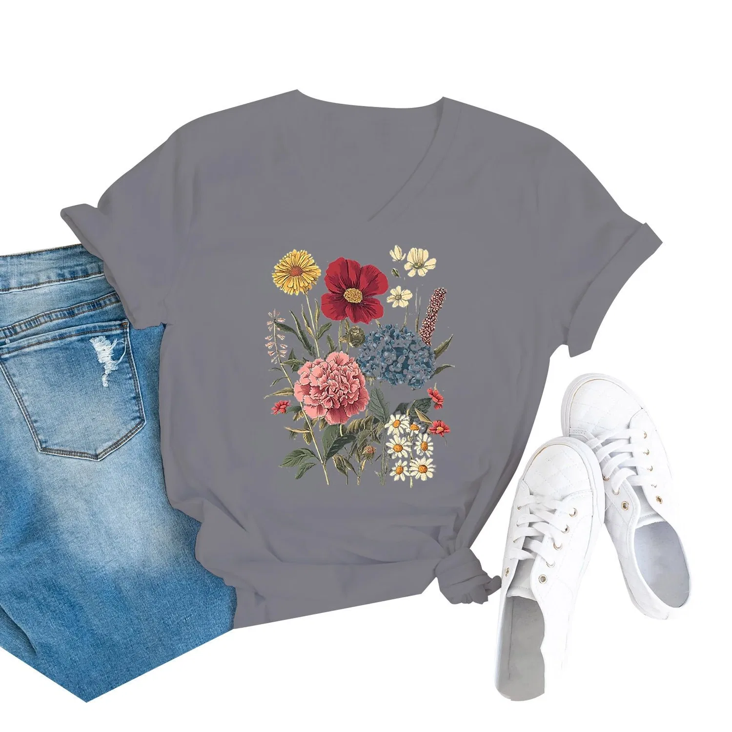 Женская футболка с принтом Vintage Boho Wild Flower, с V-образным вырезом и коротким рукавом, Grey — фото 2