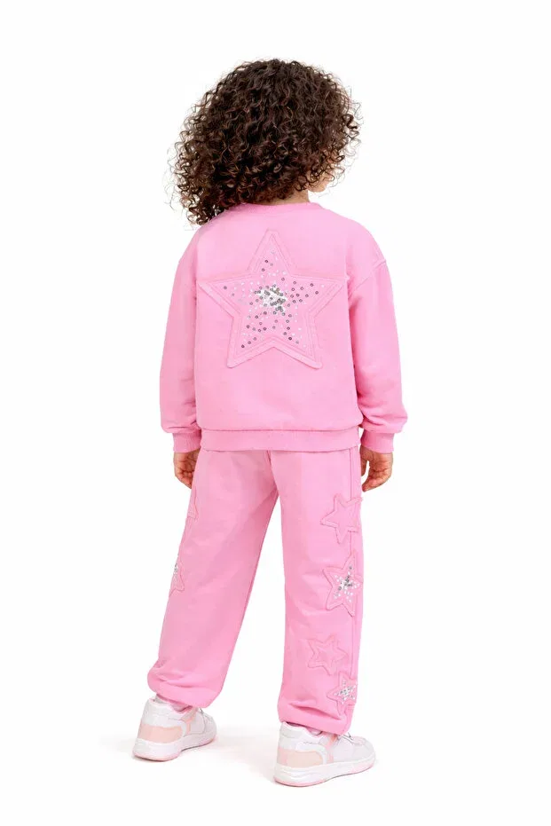 Детский комплект спортивного костюма для девочек с принтом Design Star Patterned Sequin Embroidered 3 Thread Moonbelle, Pink — фото 2