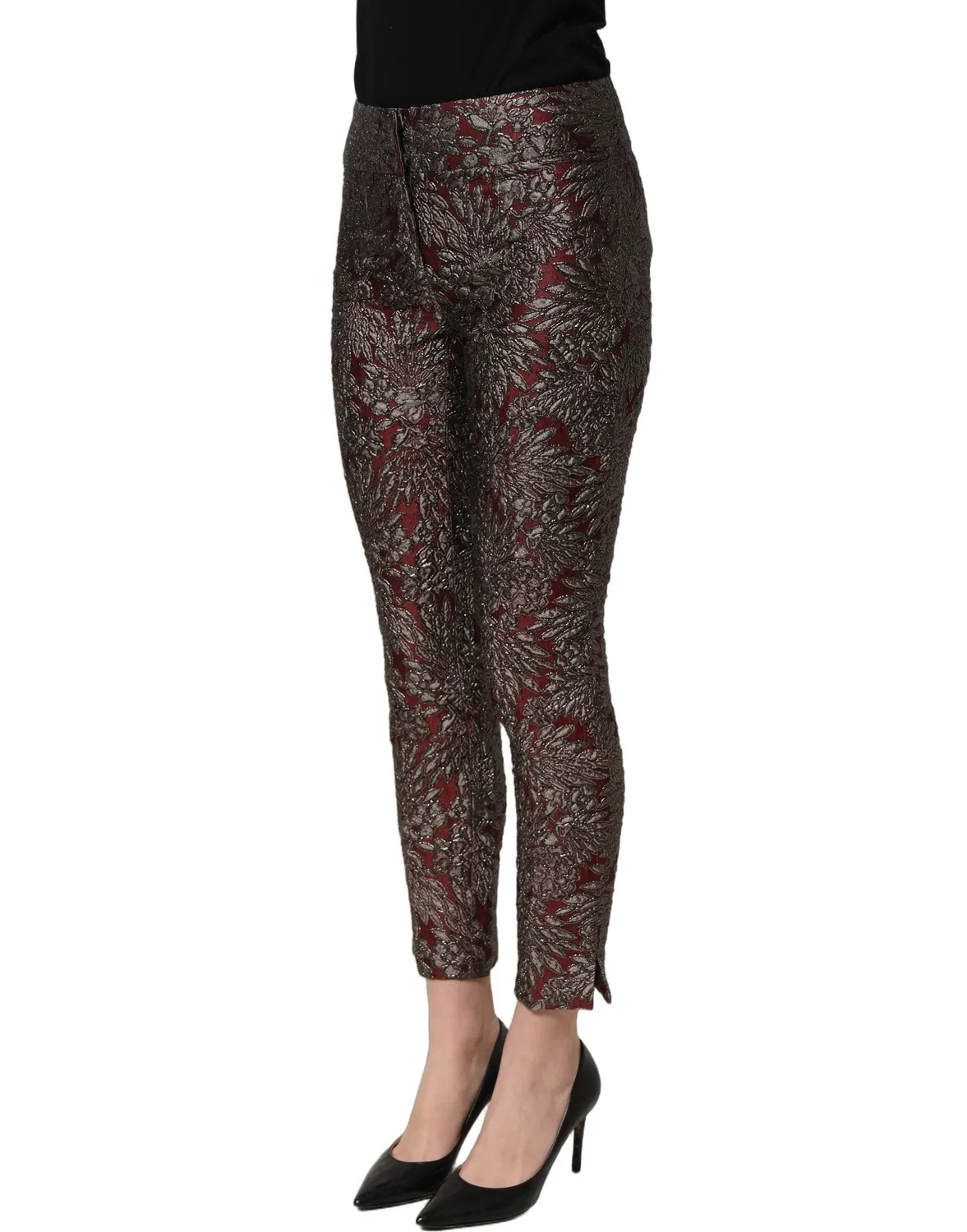 Женские брюки прямые с цветочным жаккардовым узором High Waist Straight Dolce & Gabbana, Burgundy Grey — фото 4