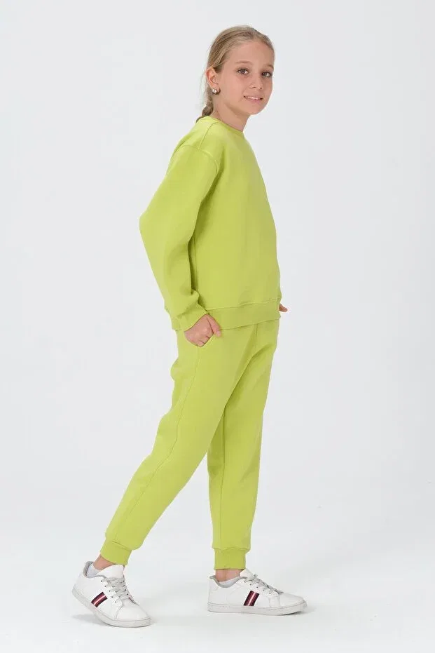Детский комплект спортивного костюма для девочек с принтом Crew neck print detailed fleece-lined girls' tracksuit set Black One, Pistachy Green — фото 4