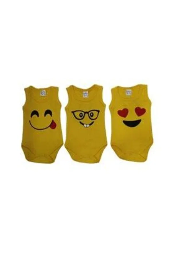 Детское боди для новорожденных с принтом Unisex kids yellow 3-6-9-12-18 months emojis 3 pieces 100% cotton body with snap fasteners Cantaz, Sarı