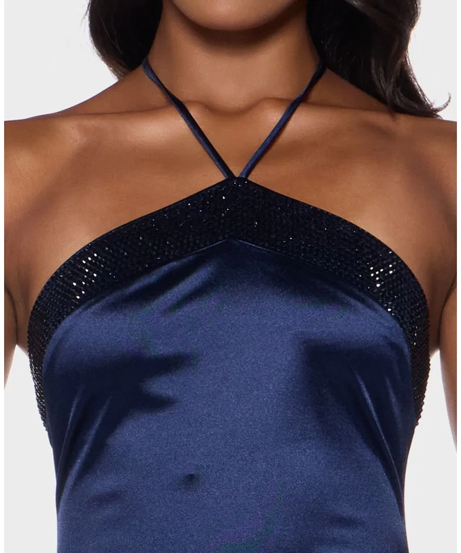 Платье миди с камнями на шее-халтер, модель Stone-Embellished Halter Neck Satin Midi B Darlin, Navy — фото 3